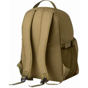A brown backpack with padded straps and a mesh side pocket, featuring a simple, utilitarian design.