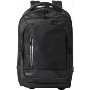 A black backpack featuring multiple compartments and a sleek design, equipped with wheels and a retractable handle.