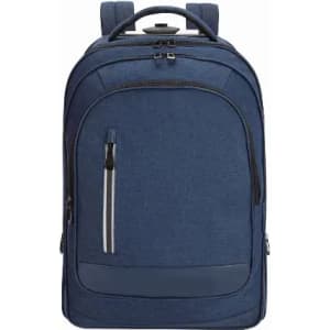 A navy blue backpack featuring multiple compartments and a top handle, complete with zippers and a front pocket.
