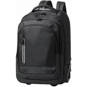A black roller backpack with multiple compartments, zippers, and padded shoulder straps. It features a sleek design.