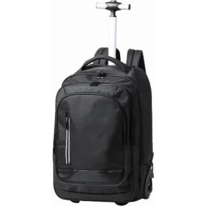 A wheeled backpack in black, featuring a retractable handle and multiple compartments for storage.