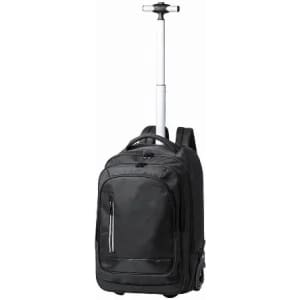 A black wheeled backpack with a retractable handle and wheels, featuring multiple compartments for storage.