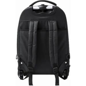 A black backpack with padded shoulder straps and wheels, featuring multiple compartments for storage.
