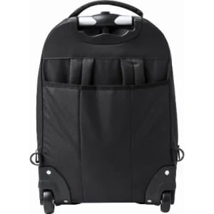 A black wheeled backpack with multiple front pockets and a retractable handle. It features wheels for easy transport.