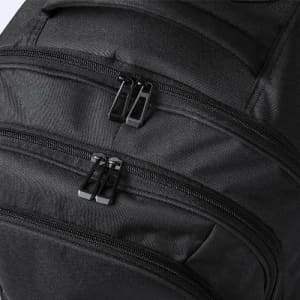 A black backpack featuring multiple zippered compartments. The zippers are black and the material appears durable.