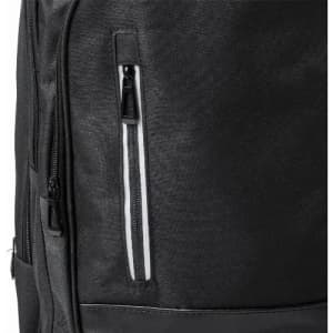 A black backpack featuring a zippered pocket with reflective detail. It has a sleek, textured fabric design.