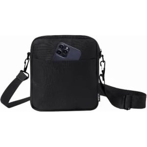 A black crossbody bag with a phone partially visible in the front pocket. It features an adjustable strap and a logo.