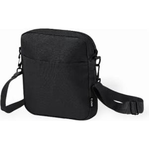 A black crossbody bag with a textured surface, featuring a front pocket and an adjustable strap.
