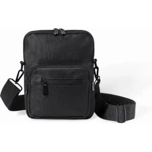 A black crossbody bag with a zippered main compartment and an adjustable strap, featuring an additional front pocket.
