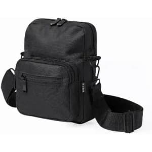 A black shoulder bag with multiple compartments and an adjustable strap. It features a sleek, minimalist design.