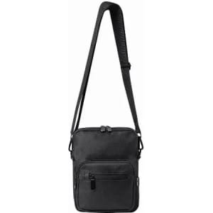 A black crossbody bag with a zippered main compartment and an additional front pocket. It features an adjustable strap and a logo.