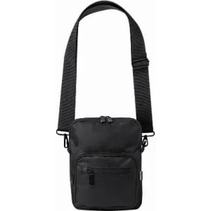 A black crossbody bag with a single adjustable strap and two zippered compartments. It features a logo.