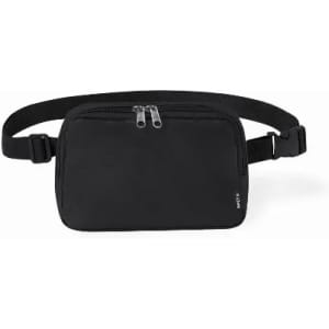 A black, zippered waist bag with an adjustable strap and a simple, sleek design.