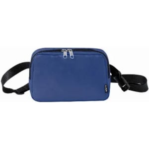 A blue waist bag with a zippered compartment and an adjustable strap, featuring a logo on the front.