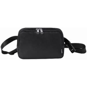A black zippered bag with an adjustable strap, featuring two compartments and a simple design.