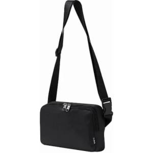 A black shoulder bag with a zippered compartment and an adjustable strap. It features a logo on the side.