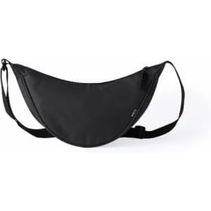A black sling bag with a minimalist design and an adjustable strap, featuring a discreet logo.