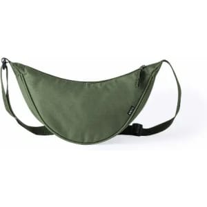 A green shoulder bag with a curved design and adjustable strap, featuring a zipper and branding.