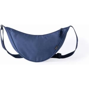 A dark blue shoulder bag with a curved design and adjustable strap, featuring a branding logo.