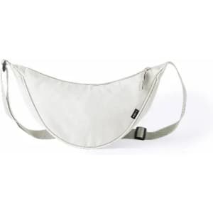 A hip bag in white with a curved design and adjustable strap, featuring a discreet logo.