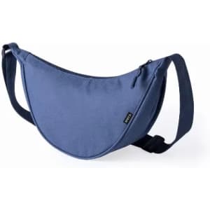 A sling bag in navy blue with a curved design and an adjustable strap, featuring a zippered compartment.