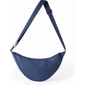 A sling bag in navy blue with a curved shape and an adjustable strap. It features a logo.