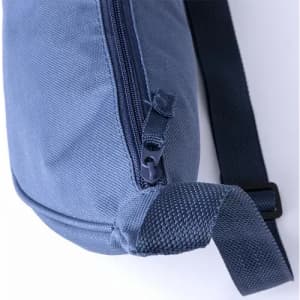 A navy blue pouch with a zipper, featuring a sturdy strap for easy carrying.