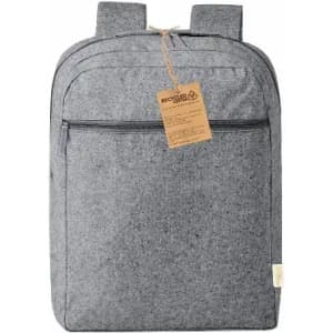 A grey backpack with two straps, featuring a front zip pocket and a tag attached.