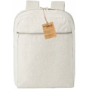 A cream-coloured backpack with two straps and a front zip pocket, featuring a tag attached.
