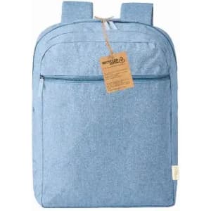 A blue backpack with two straps and an external zip pocket. It has a tag attached and a logo on the front.