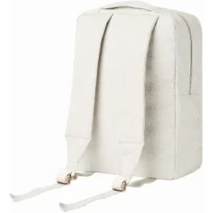 A cream-coloured backpack with adjustable straps and a simple design, featuring a back pocket and sturdy handles.