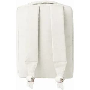 A backpack in white with adjustable straps and a simple design, featuring a logo on its surface.