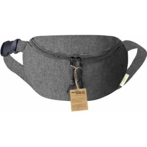 A grey waist bag with a zipper closure and adjustable strap, featuring a tag attached.
