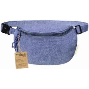 A blue recycled fabric waist bag with a zippered compartment and an adjustable strap. It features a tag.