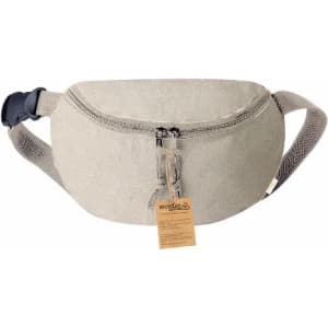 A waist bag in a light beige colour with a zippered compartment and an adjustable strap. It features a tag attached.