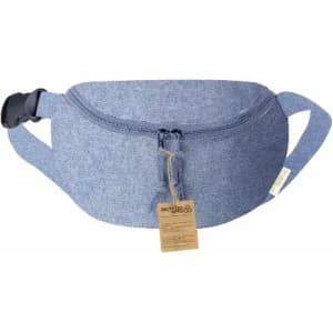 A blue denim-style waist bag with a zippered closure and an adjustable strap. It has a branding label attached.
