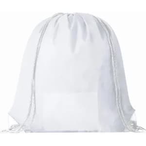A drawstring backpack in white with adjustable cords for carrying. Features a simple, minimalist design.