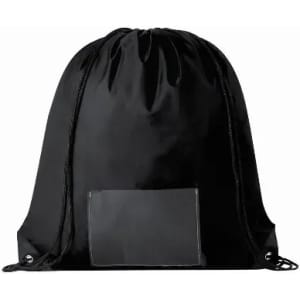 A black drawstring bag made of nylon with a flat front pocket and adjustable cords.