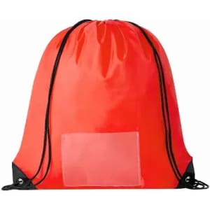 A drawstring bag in bright red with black accents and a transparent pocket on the front. Features a logo.