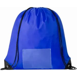 A drawstring bag in bright blue with a transparent pocket and black accents. It features adjustable drawstrings.
