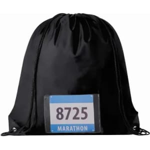 A black drawstring bag featuring a race bib with the number 8725 and the word "MARATHON."