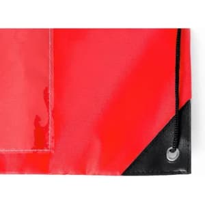 A red and black promotional item with a grommet and cord detailing. Features a glossy finish.