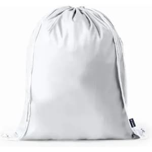 A drawstring bag in a solid grey hue, featuring white drawstrings and a logo at the bottom corner.