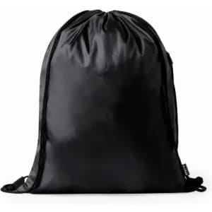 A drawstring bag in solid black, featuring a smooth texture and a cinched top. The bag has a logo on the side.