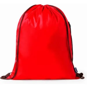 A red drawstring backpack featuring a simple design and a contrasting black cord.