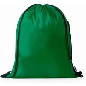 A green drawstring bag with a simple design and adjustable straps, featuring a logo on the side.
