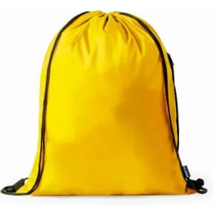 A drawstring bag in bright yellow with adjustable straps and a logo.
