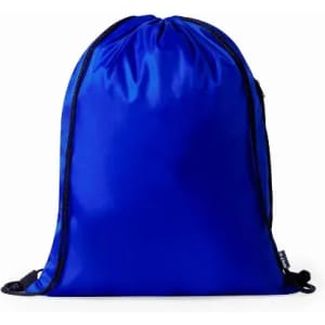 A drawstring backpack in vibrant blue, featuring a sleek and simple design with black contrasting details.