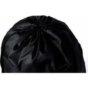 A black satin bonnet with a gathered top, featuring smooth, shiny fabric and an elastic band.