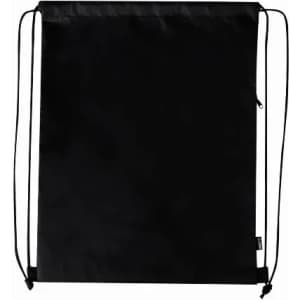 A drawstring bag in solid black, featuring a logo and two adjustable straps on either side.
